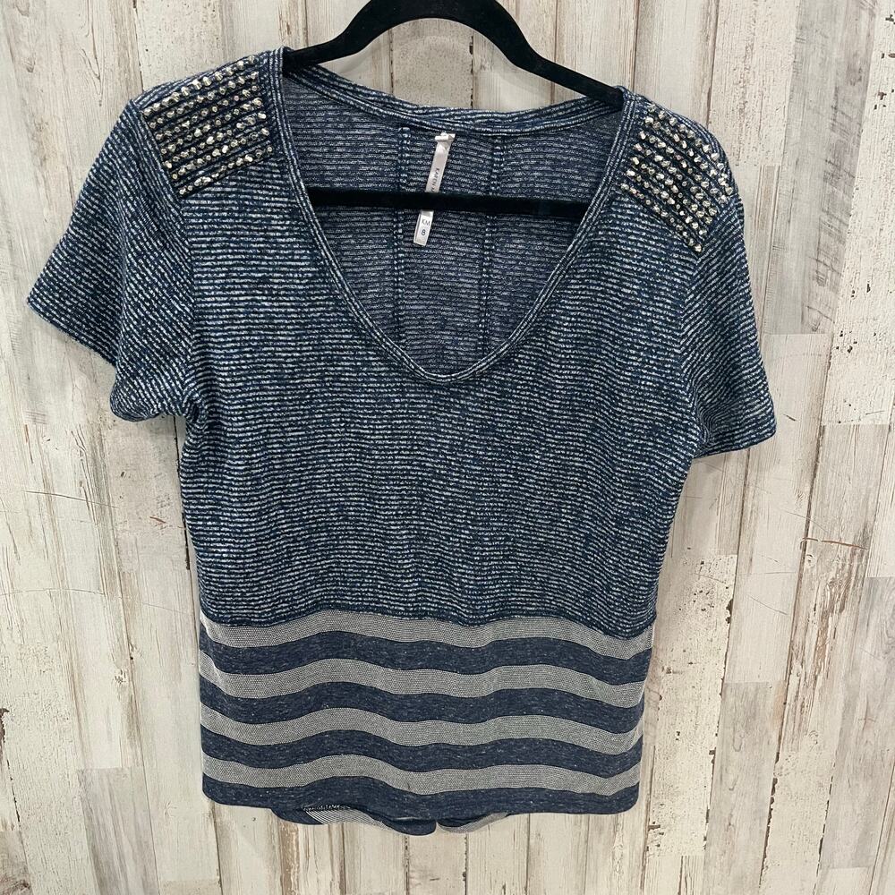 Karen Millen Blue Stripe Studded Tee Womens Size 8‎ Mixed Media Linen